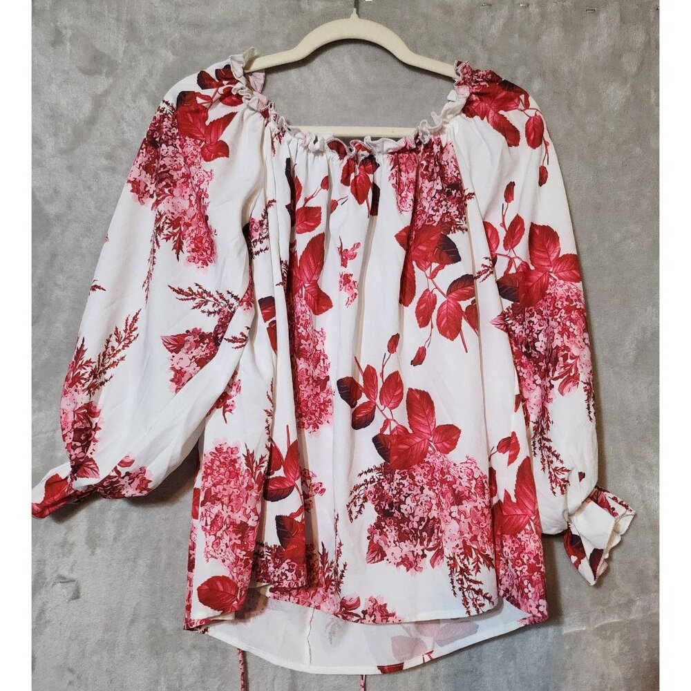 ChicMe Bloody Red floral Off-Shoulder Puff Sleeve Blouse - Chic & Boho‎ Style M - Picture 3 of 5